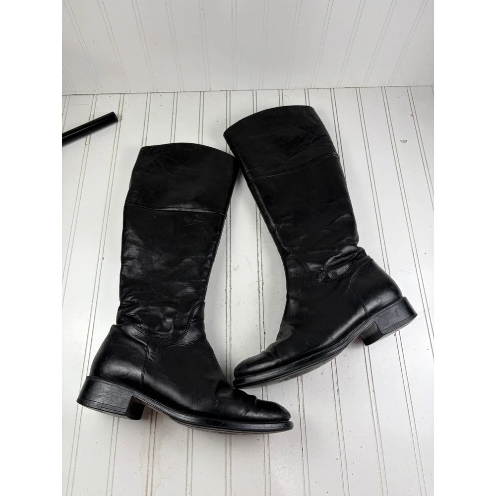 Manas Vintage Black Leather Shearling Lined Tall Riding Boots Women's Size 8.5